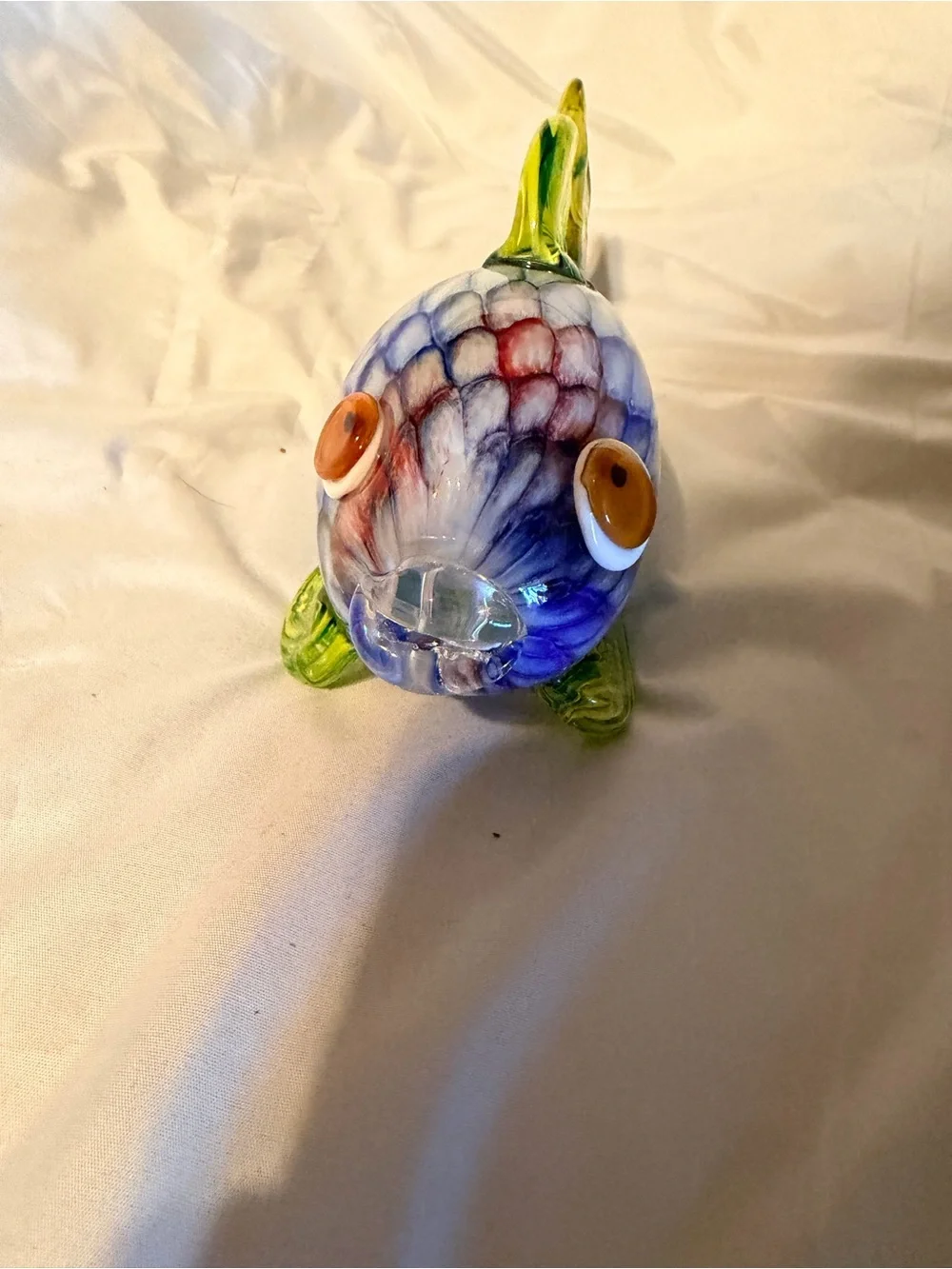 Handblown Art Glass Fish Figurine 9” Blue Green Yellow Coastal Ocean Decor
